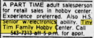 Tiny Tim Hobby Center - 1978 Help Wanted Ad (newer photo)